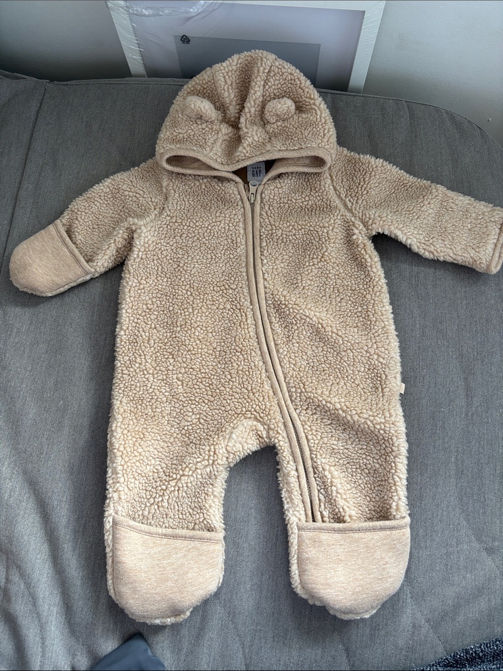 GAP Oatmeal Sherpa Baby One-Piece Footed Jumpsuit with Hood